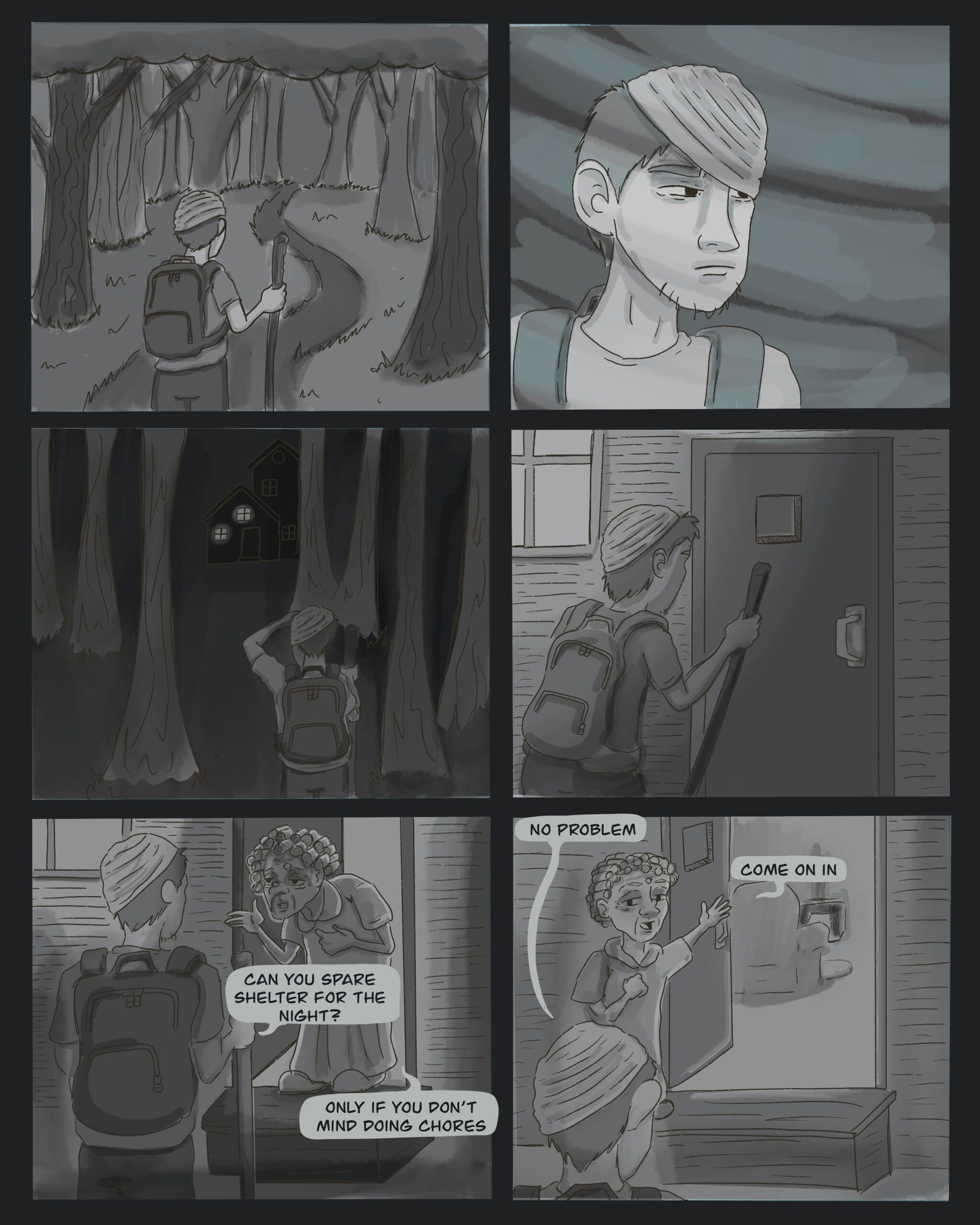 A wounded soldier gets shelter from an old woman in the woods.